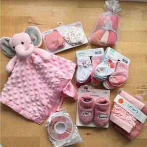 Pink Elephant Baby Blanket and Newborn Accessories Set